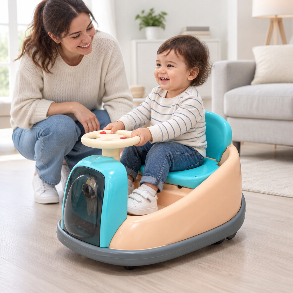 Tout-petit au volant dans un salon lumineux